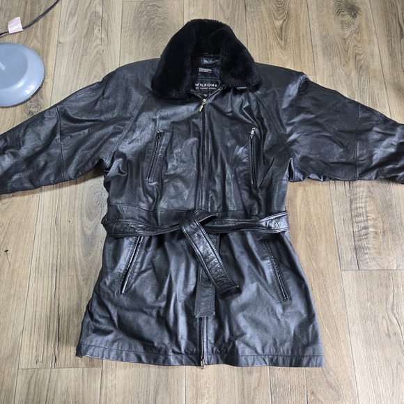 WILSONS Black Leather Lightly Insulated Parka w/Faux Fur Collar Women's SZ L VTG - Picture 1 of 16
